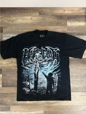 HALF EVIL 333 - Black Graphic Short Sleeve Tee with Light Blue Illustration